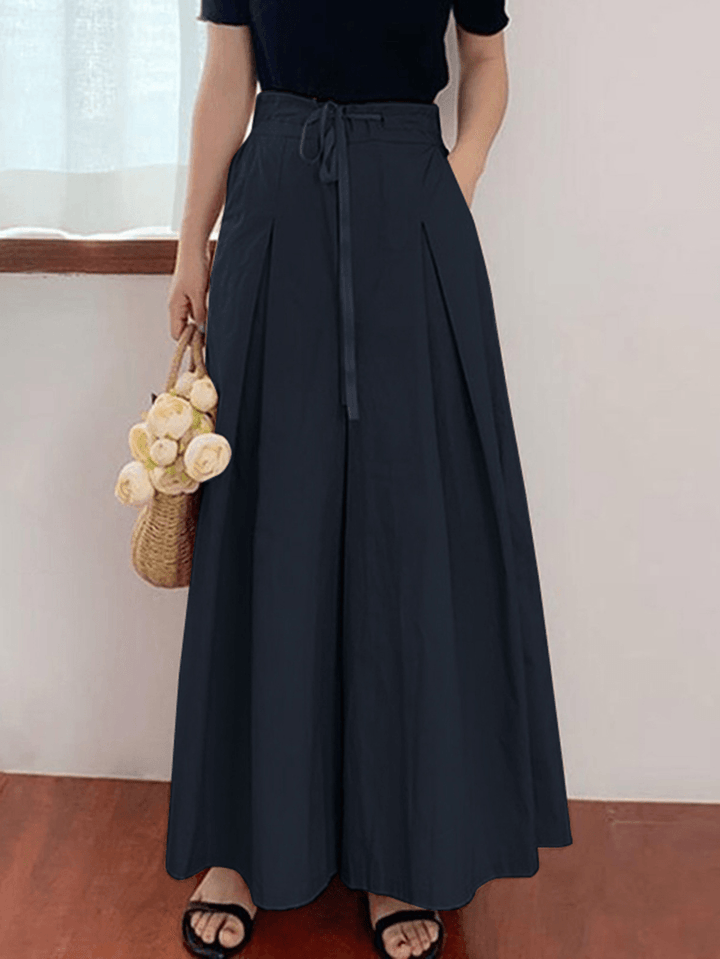Women Drawstring Waist Loose Solid Color Casual Wide Leg Pants with Pocket - MRSLM