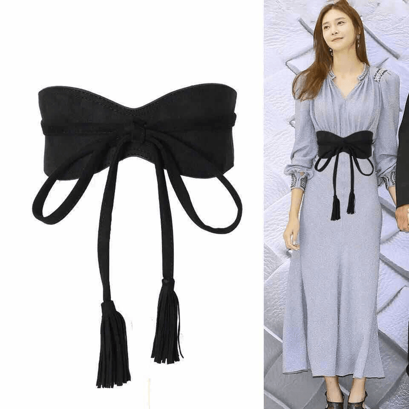 women's wide woven waist belt with tassels, view 5 - MRSLM