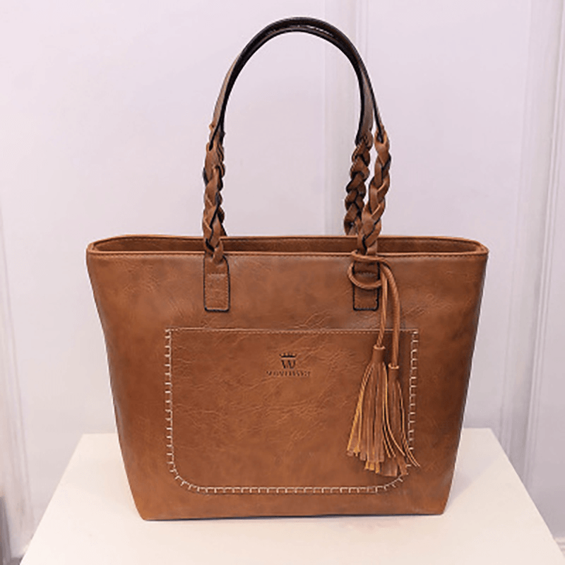 Women Solid Faux Leather Tassel Tote Bag Large Capacity - MRSLM
