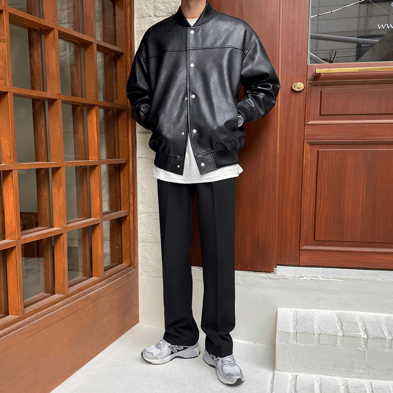 Black faux leather baseball collar jacket, view 4 - MRSLM