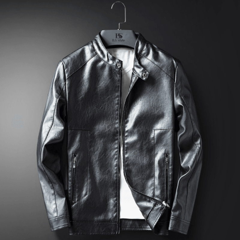Men's warm slim PU leather jacket, view 5 - MRSLM