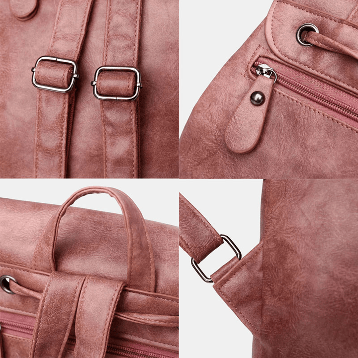Women PU Leather Multi-Pockets Inner Magnetic Button Backpack Vintage Simple Drawstring Hasp Laptop Bag - MRSLM