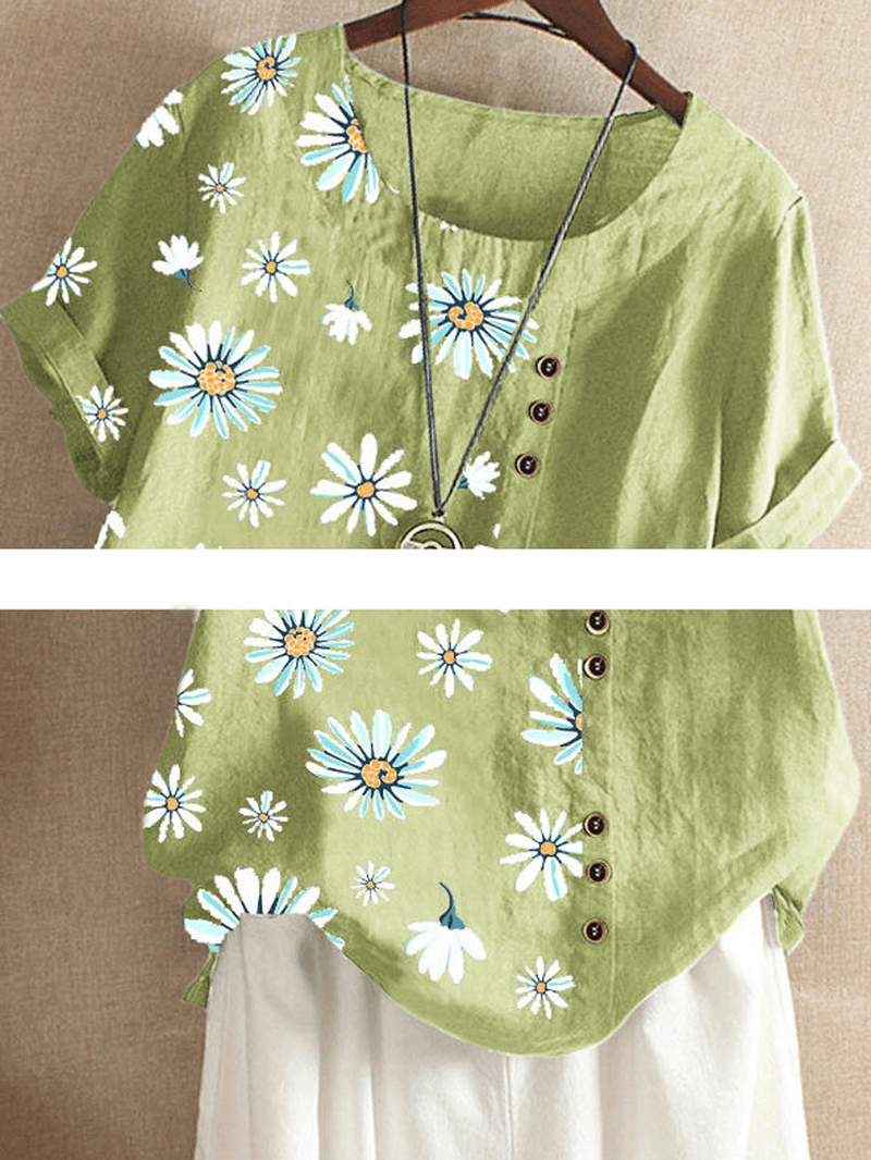 Summer Small Daisies Print Vintage Style Short Sleeve Casual T-Shirts - MRSLM