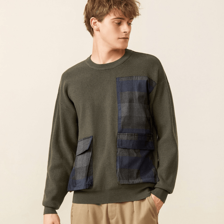 Youth Symmetrical Plaid Big Pocket Decorated Sweater Men - MRSLM