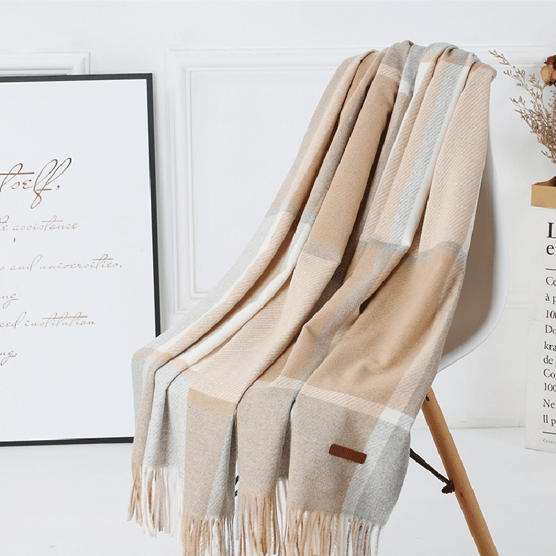 women's plaid wool tassel scarf, view 6 - MRSLM