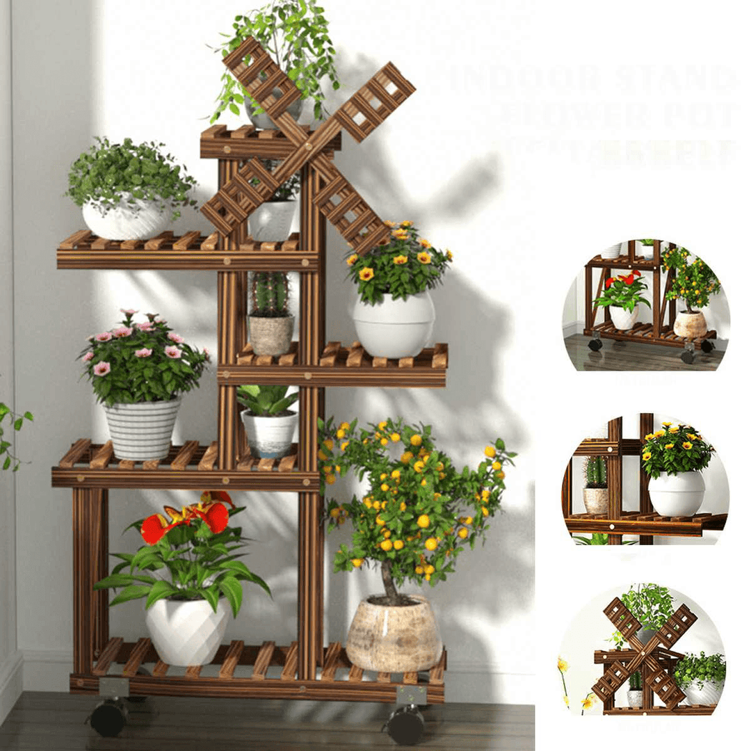 5 Layers Plant Stand Windmill Flower Pot Shelves Indoor Outdoor Garden Planter Shelf Storage Rack with Wheels - MRSLM