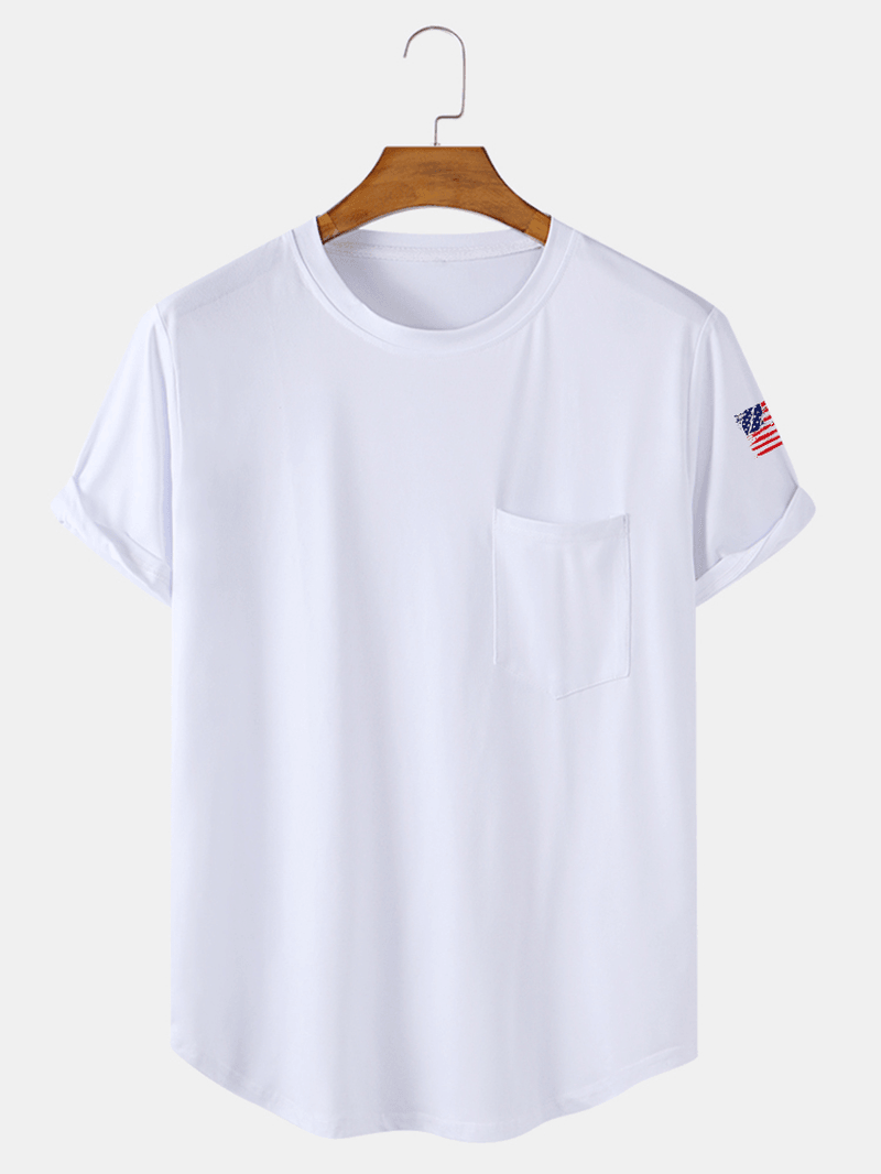 Mens Solid Color American Flag Sleeve Curved Hem T-Shirt with Pocket - MRSLM