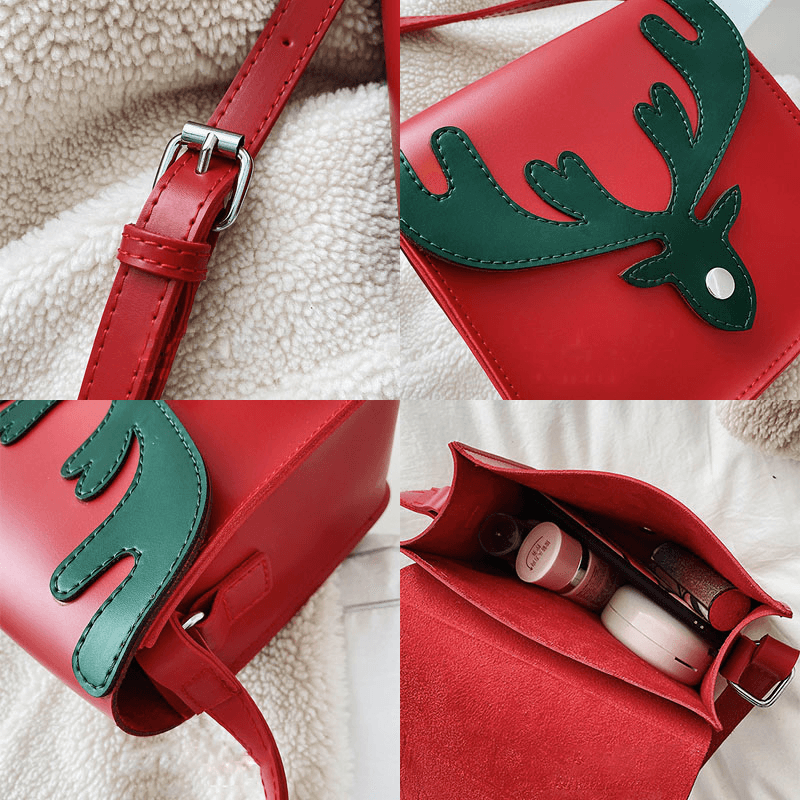 Women Faux Leather Contrast Color Christmas Elk Pattern Small Square Bag Crossbody Bag Shoulder Bag - MRSLM