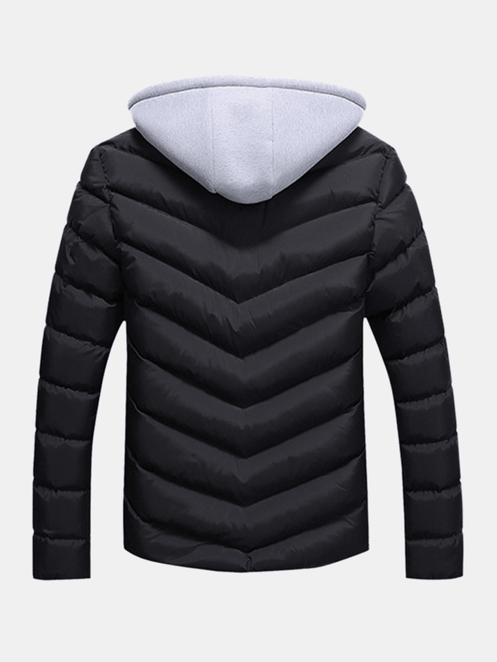 Mens Winter Thick Hooded Stitching Jacket Fashion Padded Casual Warm Zipper Pockets Coat - MRSLM