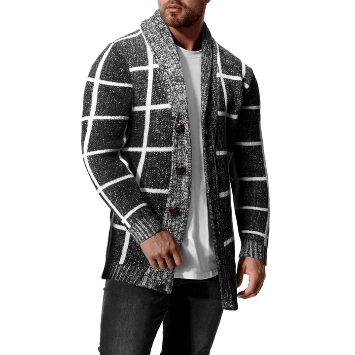 Men'S Winter Color Matching Plaid Cardigan Sweater - MRSLM