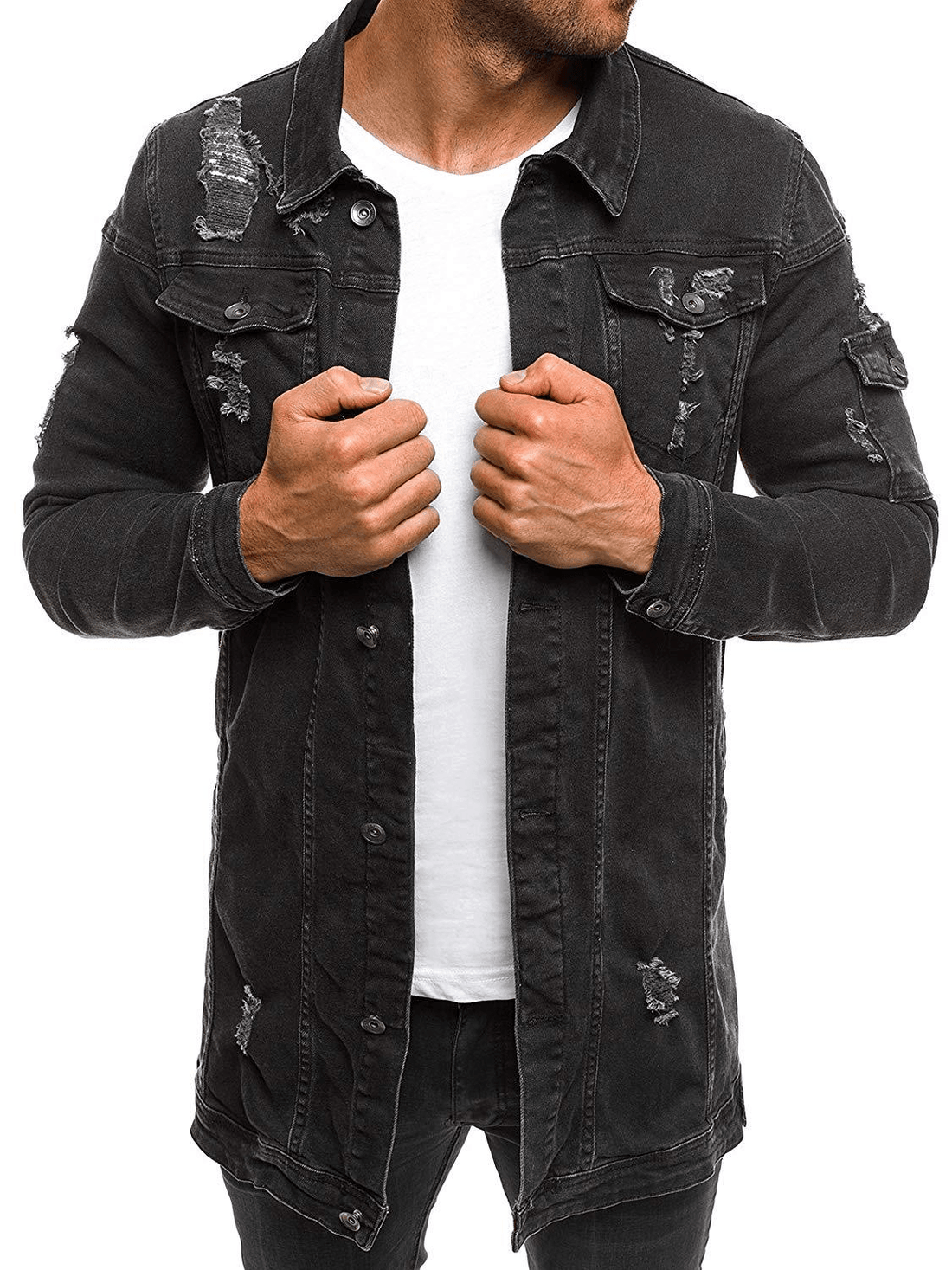 Fashion Men's Mid-Length Ripped Denim Jacket