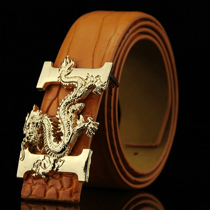 Men Faux Leather 135Cm Fashion Personality Alligator Pattern Gold Dragon Decor Belt - MRSLM
