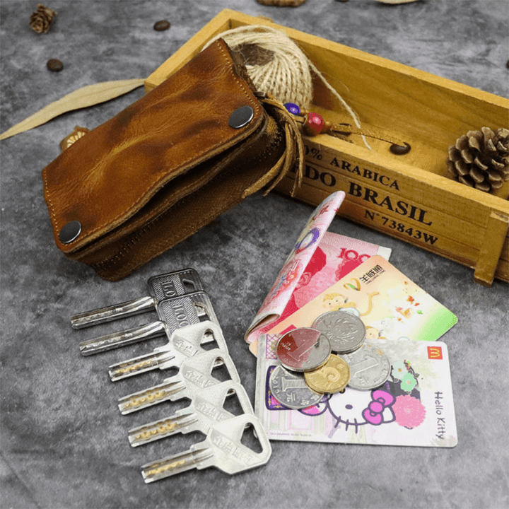 Men Genuine Leather Made-Old Bead Decoration Casual Small Car Keychain Bag Coin Bag Wallet - MRSLM