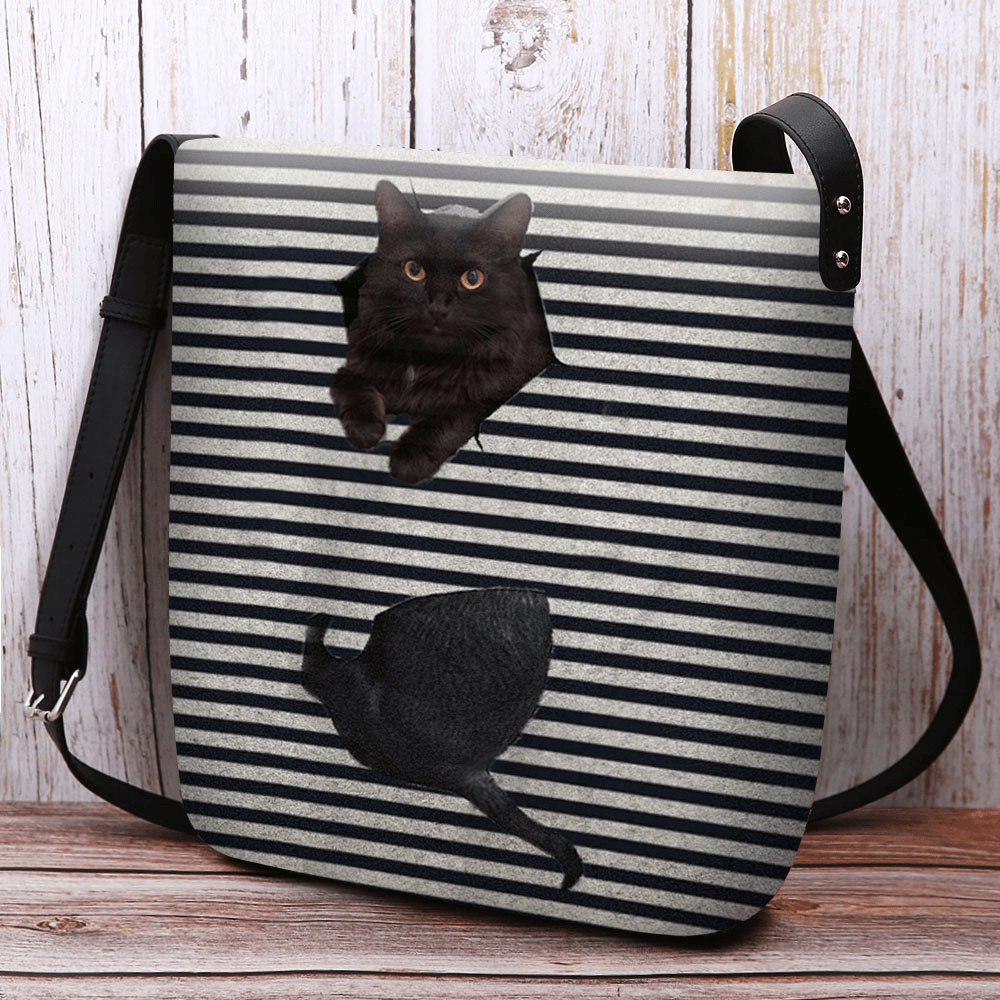 Women Felt Cute Casual 3D Cartoon Cat Stripes Pattern Crossbody Bag Shoulder Bag - MRSLM