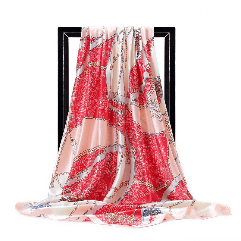 women's faux silk chain print square scarf, view 6 - MRSLM