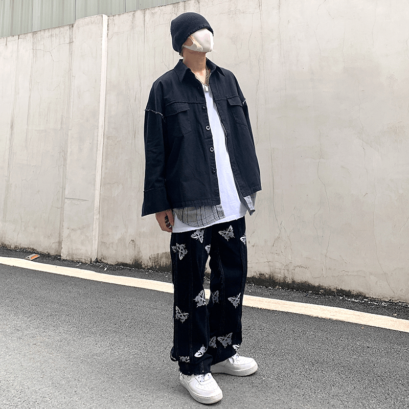 Niche Personality Butterfly Reflective Printing Stitching Tassel Harajuku Hip-Hop Street Straight Jeans Dark