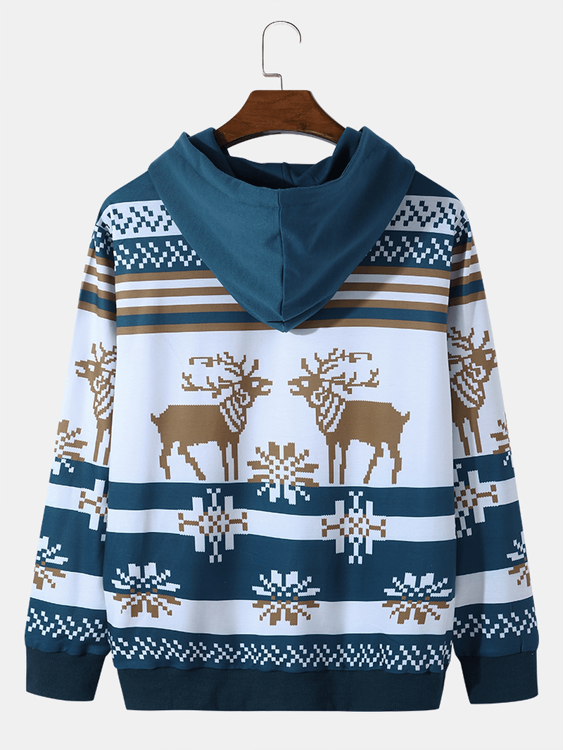 Men Christmas Snow Elk Contrast Print Casual Hooded Sweatshirt - MRSLM