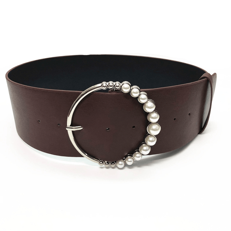 women's wide imitation leather round buckle belt, view 7 - MRSLM