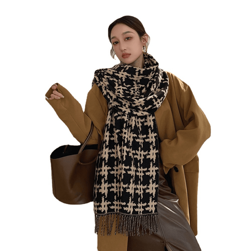 women's long fringed houndstooth shawl scarf, view 5 - MRSLM