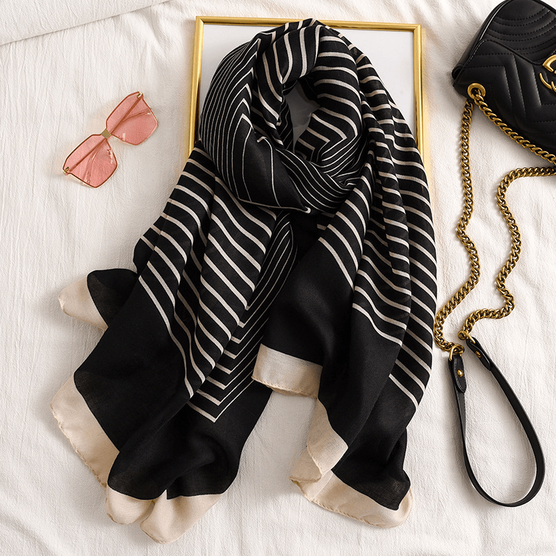 Women's striped cotton-linen feel scarf, view 3 - MRSLM