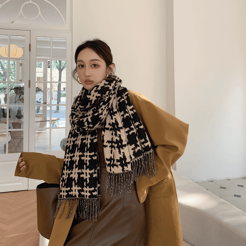 women's long fringed houndstooth shawl scarf, view 3 - MRSLM