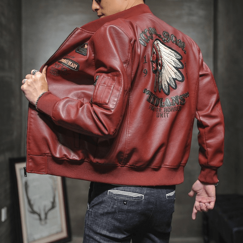 Men's PU leather embroidered jacket, view 5 - MRSLM