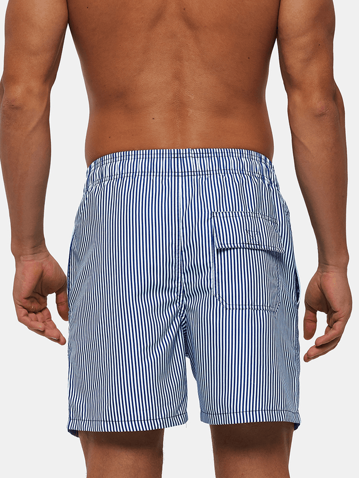 Mens Lightweight Blue Striped Quick Drying Beach Mesh Line Drawstring Casual Shorts - MRSLM