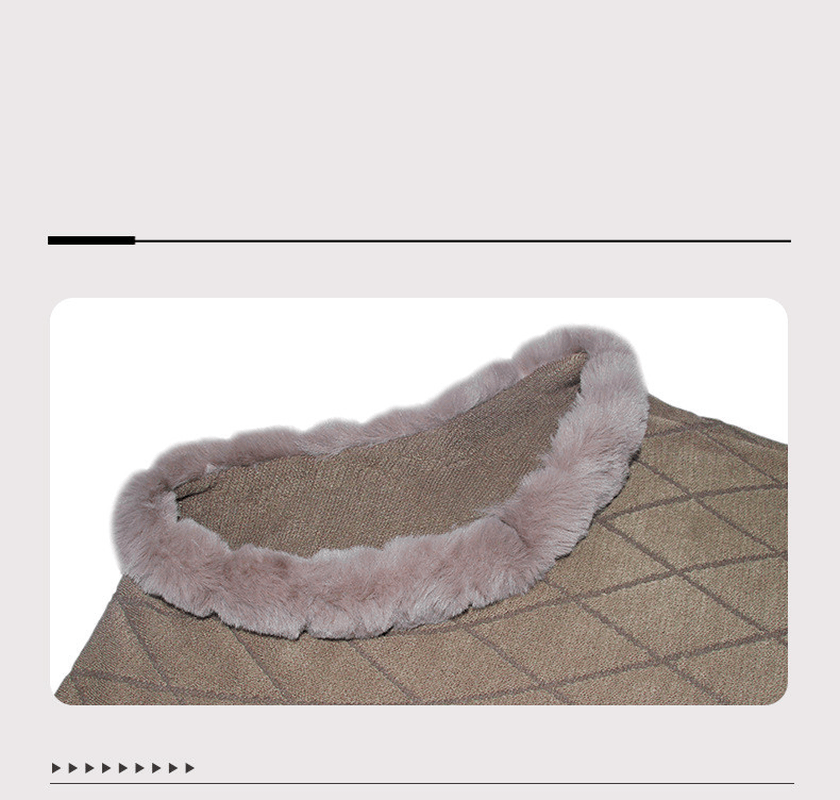 Pure Color Knitted Cape Shawl with Fur Collar