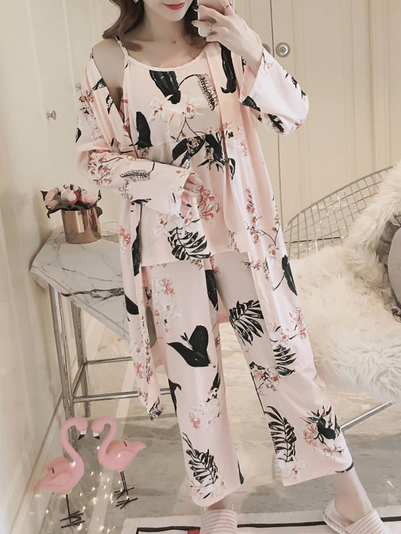 Womens Florral Print Tank Top with Robe Three Piece Home Casual Pajama Set - MRSLM