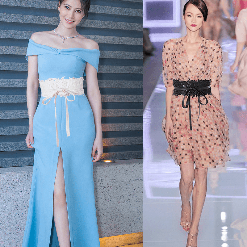 Retro Lace Waist Band Dress Fashionable Wide Belt Female Black and White Korean Summer Autumn