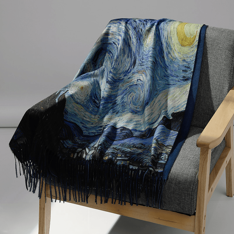 fringed long cashmere scarf with oil painting print, view 3 - MRSLM