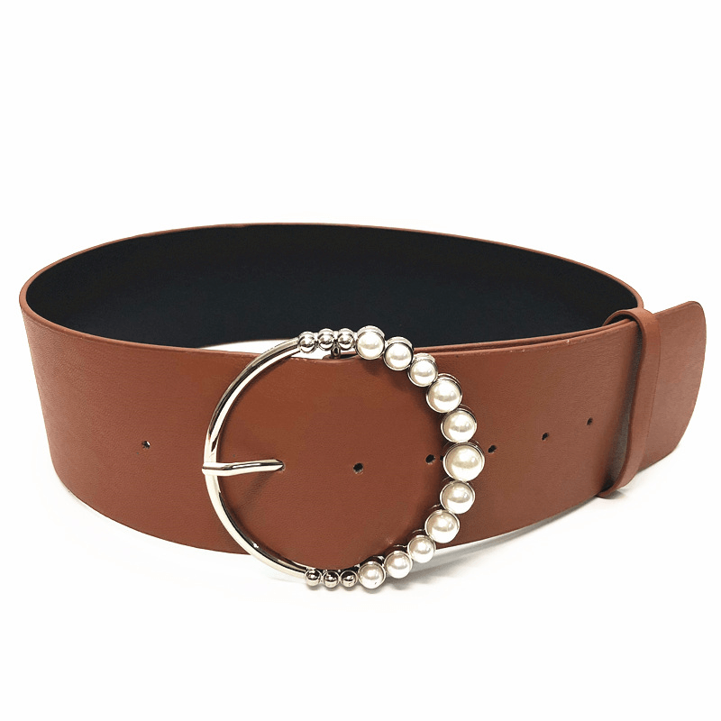 women's wide imitation leather round buckle belt, view 8 - MRSLM
