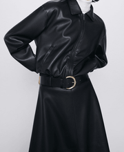 Women's short black PU leather jacket, view 7 - MRSLM