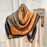 classic orange print large square silk scarf, view 2 - MRSLM