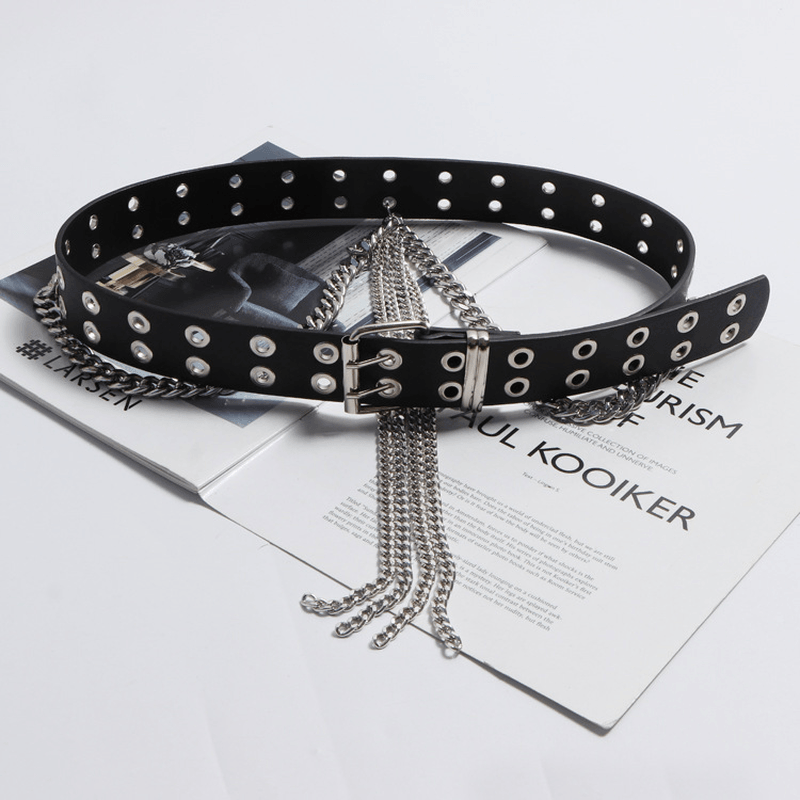 women's black tassel chain rivet belt, view 4 - MRSLM