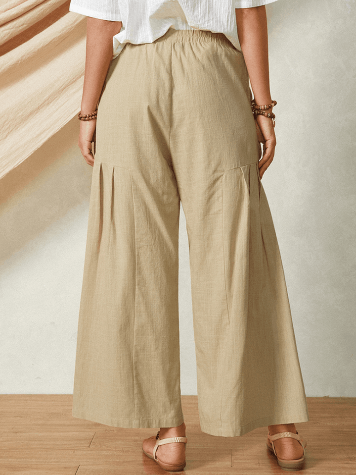 Solid Color Pocket Elastic Waist Casual Cotton Flare Leg Women Pants - MRSLM