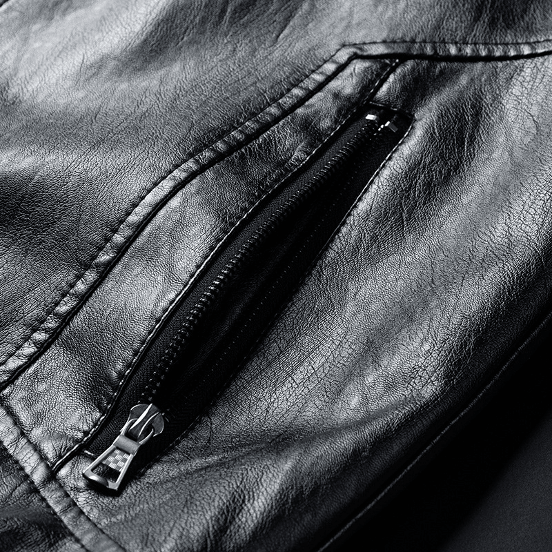slim stand collar faux leather jacket, view 5 - MRSLM
