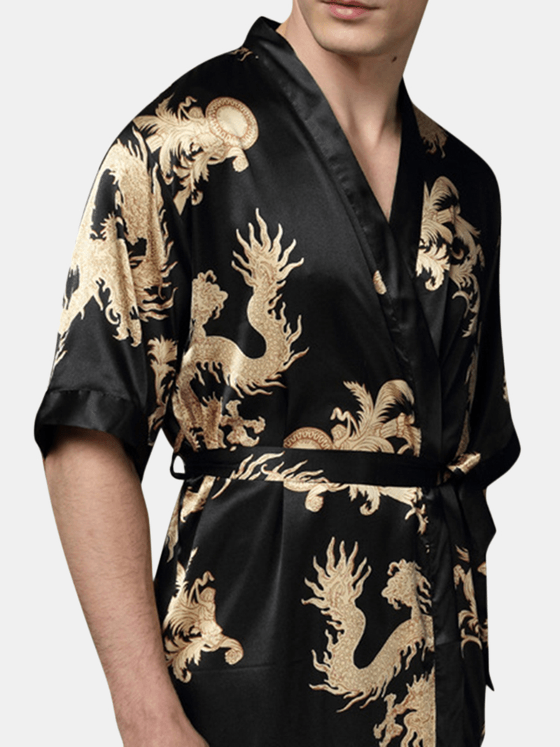 Mens plus Size Retro Luxury Stain Japanese Kimono Chinese Dragon Ice Silk Sleepwear Robes - MRSLM