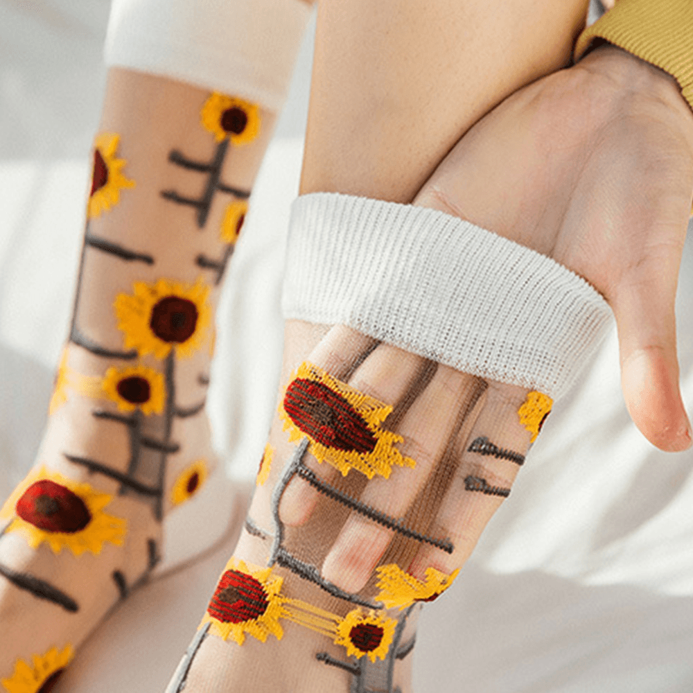 Women Ultra-Thin Cotton Sunflower Vine Flower Breathable Absorbent Tube Socks - MRSLM