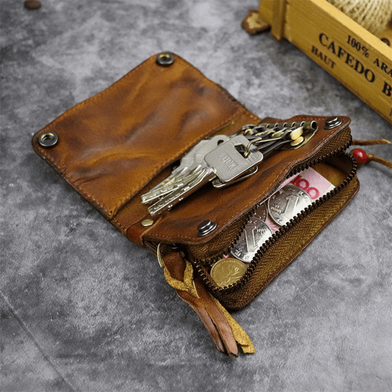 Men Genuine Leather Made-Old Bead Decoration Casual Small Car Keychain Bag Coin Bag Wallet - MRSLM