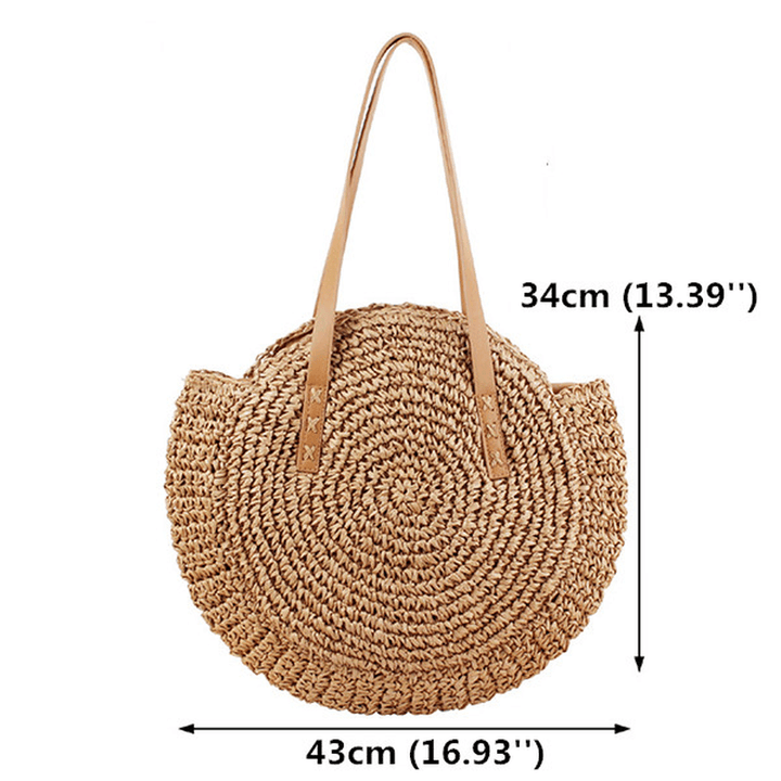 Women Leisure round Straw Bag Woven Beach Bag Shoulder Bag - MRSLM