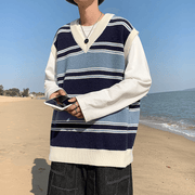 Men'S Korean Loose Striped V-Neck Sweater - MRSLM