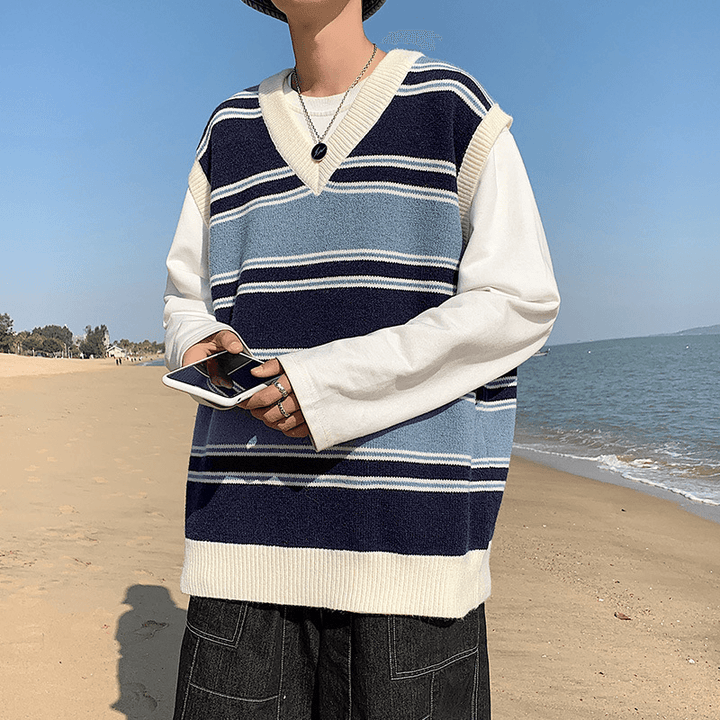 Men'S Korean Loose Striped V-Neck Sweater - MRSLM