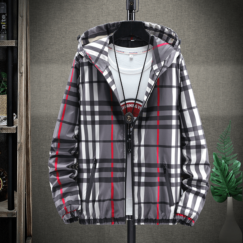 men's slim hooded plaid jacket, view 4 - MRSLM