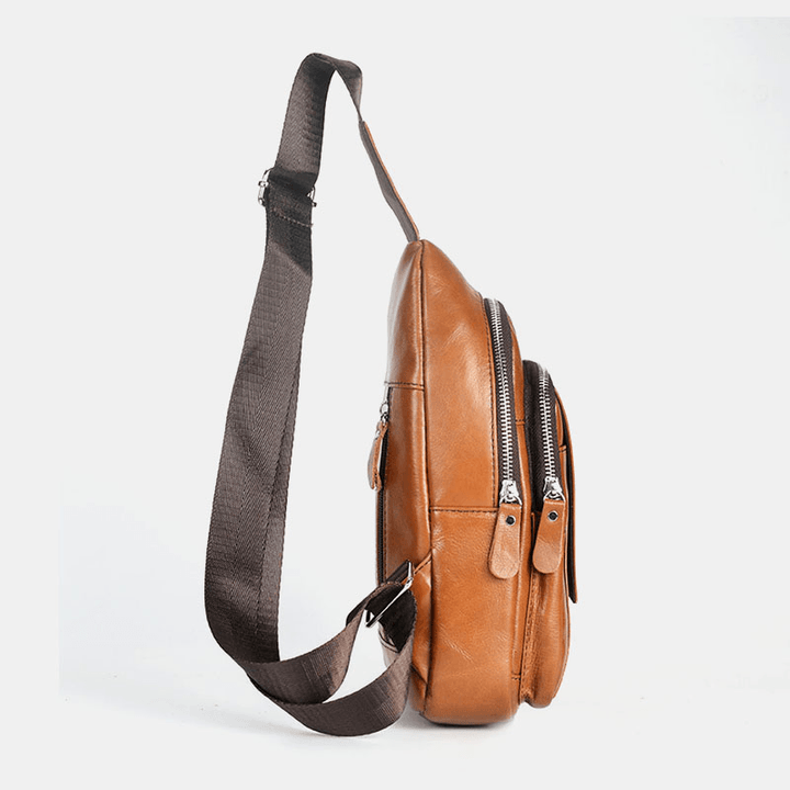 Men Genuine Leather Back Anti-Theft Zipper Pocket Chest Bag Fashion Casual Wear-Resistant Crossbody Bag Shoulder Bag - MRSLM