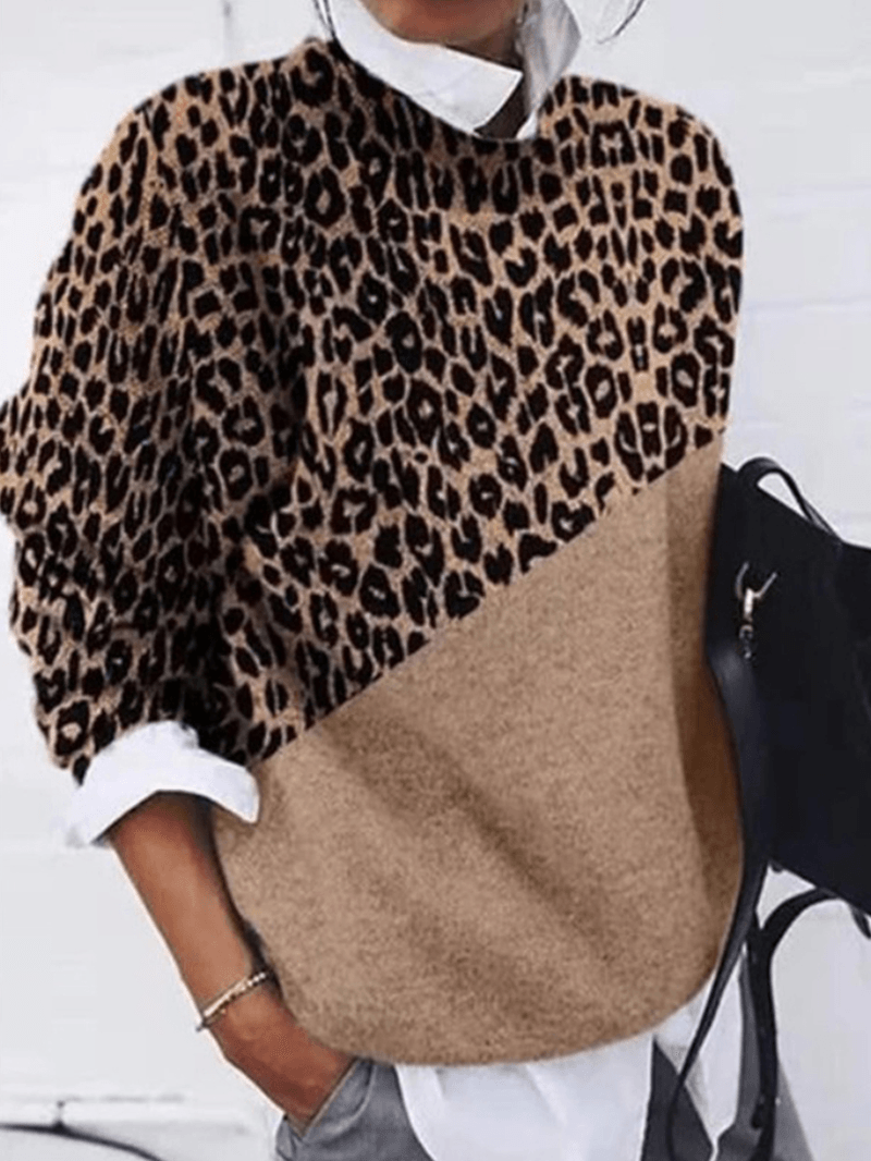 Women Leopard Print Patchwork round Neck Long Sleeve Pullover Casual Sweaters - MRSLM
