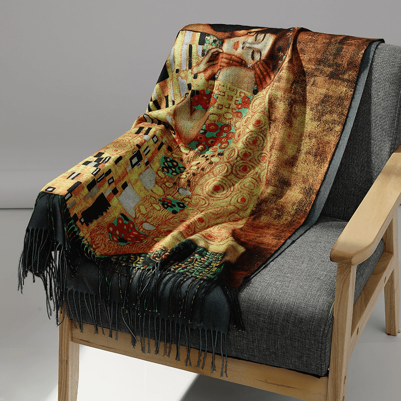 fringed long cashmere scarf with oil painting print, view 5 - MRSLM