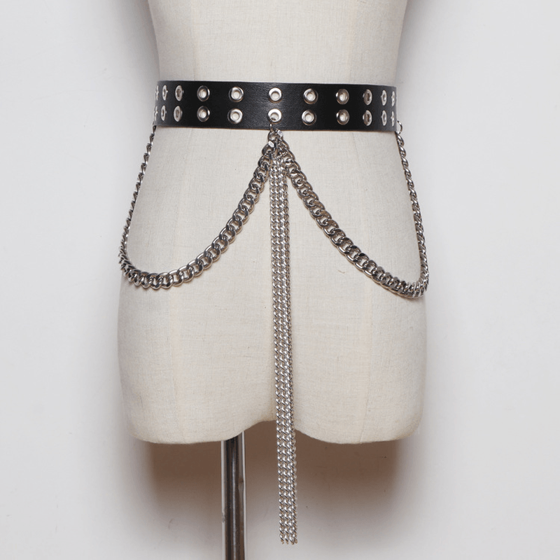 Fashion All-Match Black Belt Tassel Chain Double Row Perforated Hundred Matching Waist Seal - MRSLM