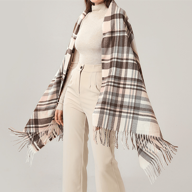 plaid imitation cashmere scarf with tassels, view 9 - MRSLM