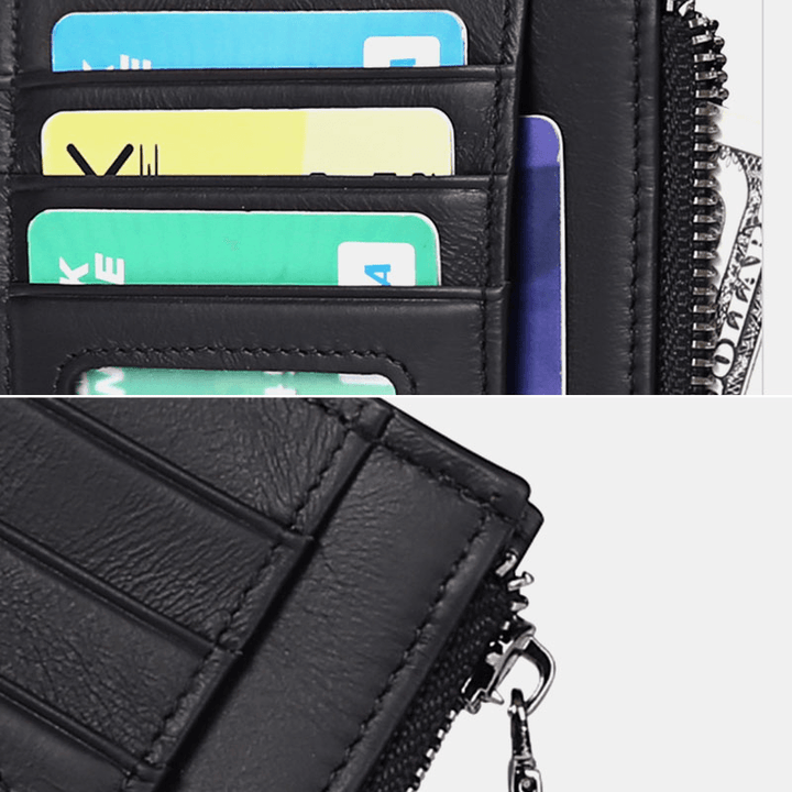 Men First Layer Cowhide RFID Anti-Magnetic Wallets Ultra-Thin 8 Card Slot Card Holder Zipper Coin Purse - MRSLM